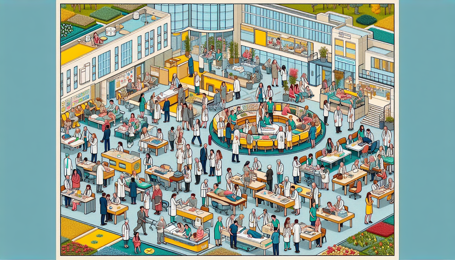 Illustration of a hospital with various health services