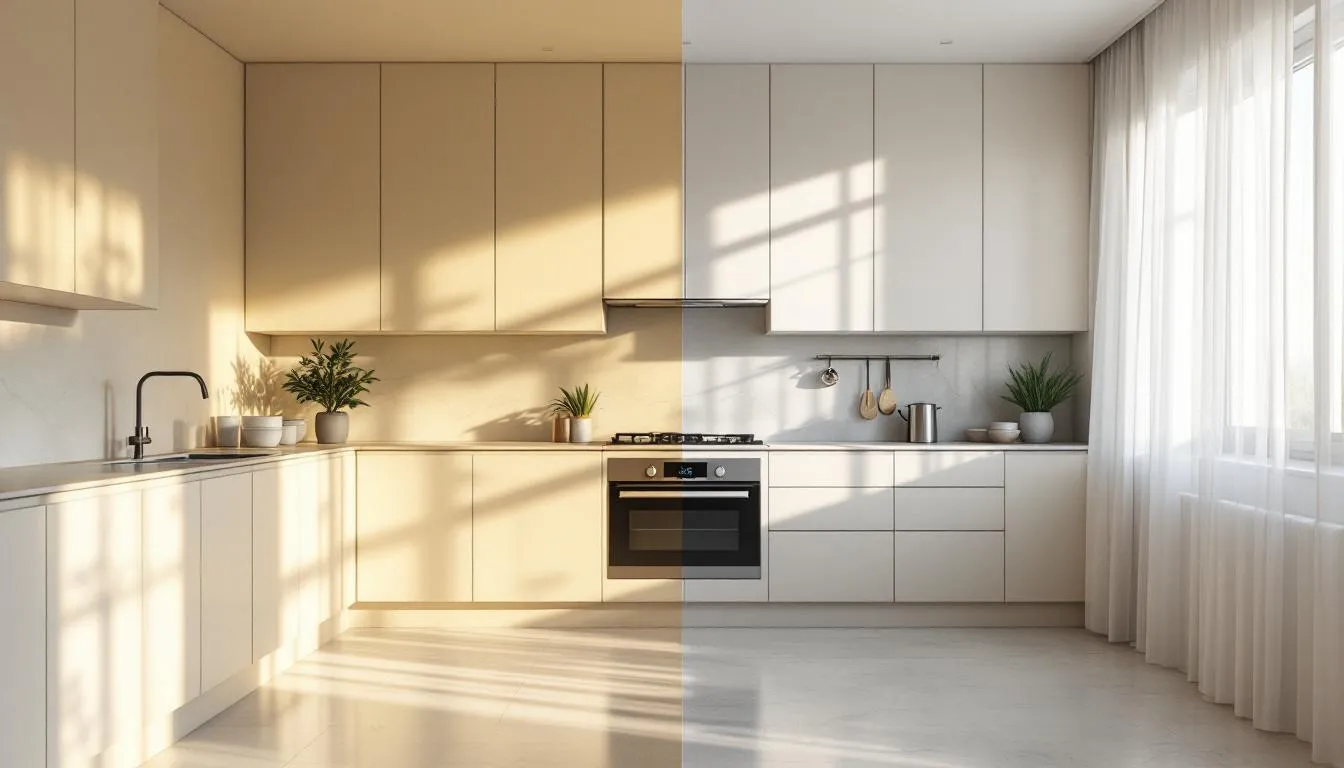 In this kitchen, alabaster cabinets are beautifully illuminated by varying natural light throughout the day, creating a warm and inviting atmosphere. The space features granite countertops and a fresh coat of white paint on the walls, enhancing the overall brightness and elegance of the room.