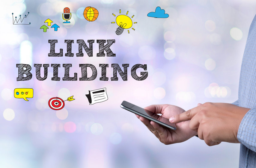 Link building graphic with related icons with a person holding a phone