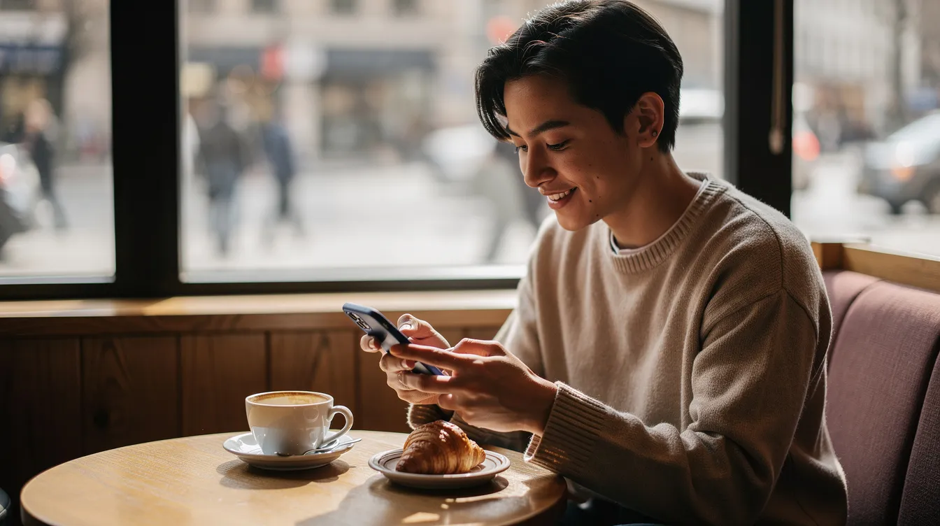 A person is sitting at a cozy cafe, gazing thoughtfully at their smartphone with a warm expression, suggesting they might be exploring dating apps like the Iris dating app to find a genuine connection or potential match for a romantic date tonight. The scene captures a magical moment of anticipation as they navigate the world of online dating.