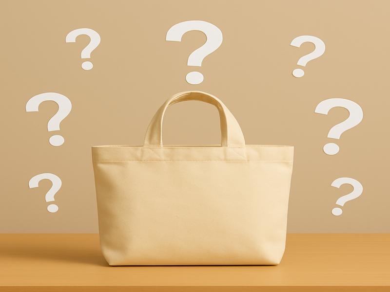 A beige canvas tote bag is placed on a wooden table against a light brown wall. Several white question mark icons float around the bag, symbolizing curiosity or frequently asked questions. 