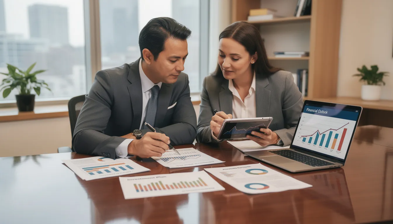 A financial advisor and a client are engaged in a planning meeting, reviewing various charts and graphs related to retirement accounts, including traditional IRAs and employer-sponsored retirement plans. They discuss important topics such as required minimum distributions (RMDs), tax implications, and strategies for managing retirement savings effectively.