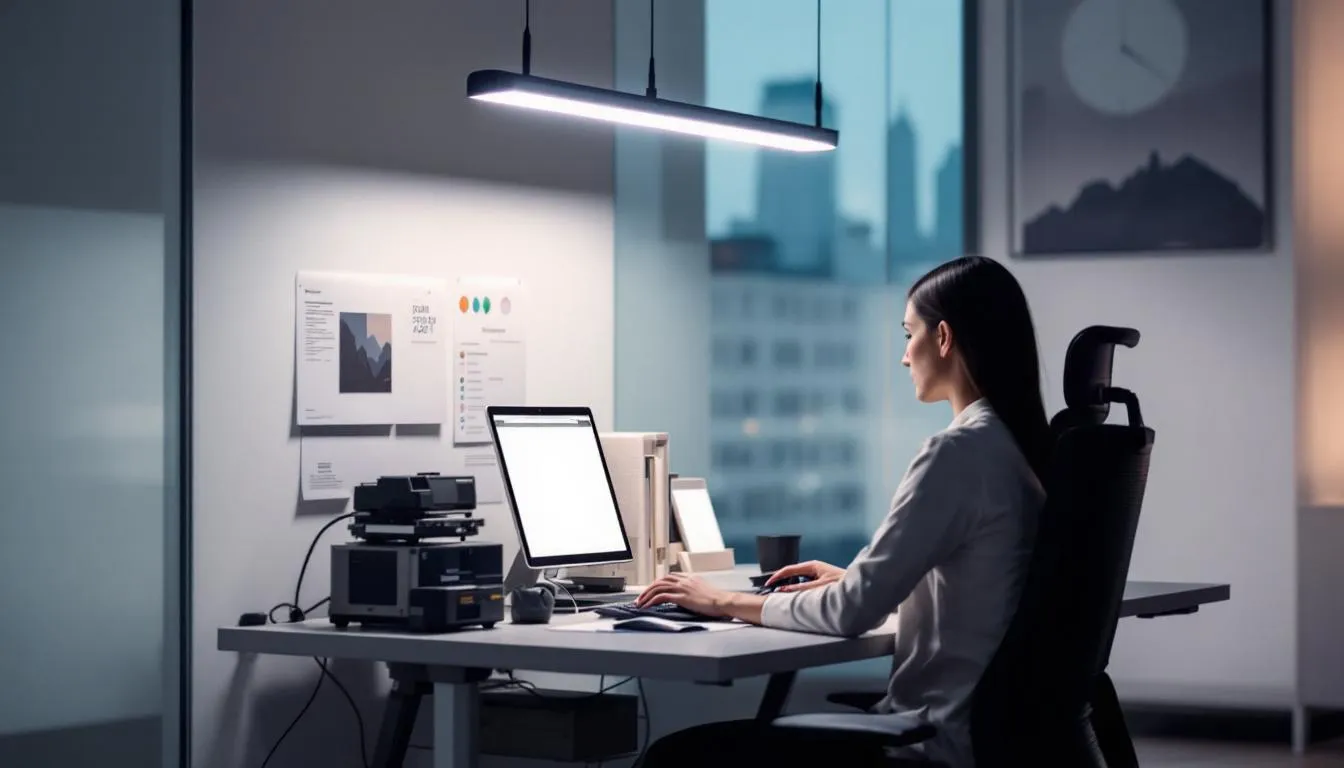 In a office environment, a freelance writer works at their desk illuminated by a modern LED desk lamp,