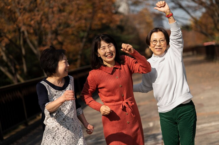 Fun middle-aged women walking the street