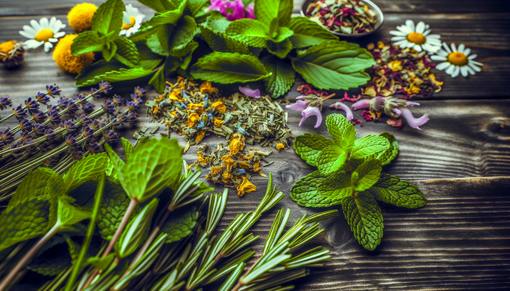 Variety of herbs and flowers used in herbal teas