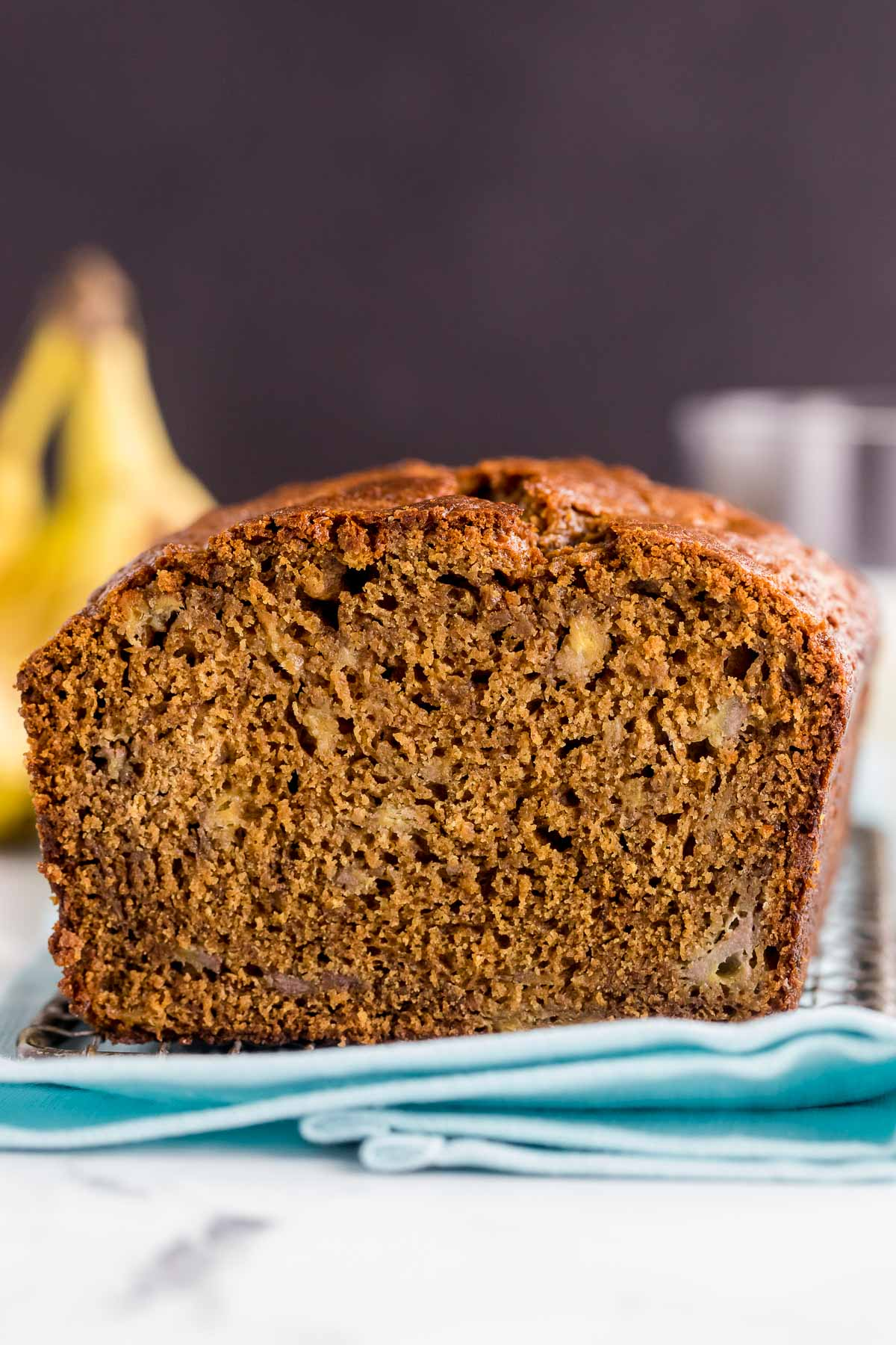 banana gingerbread loaf cut in half