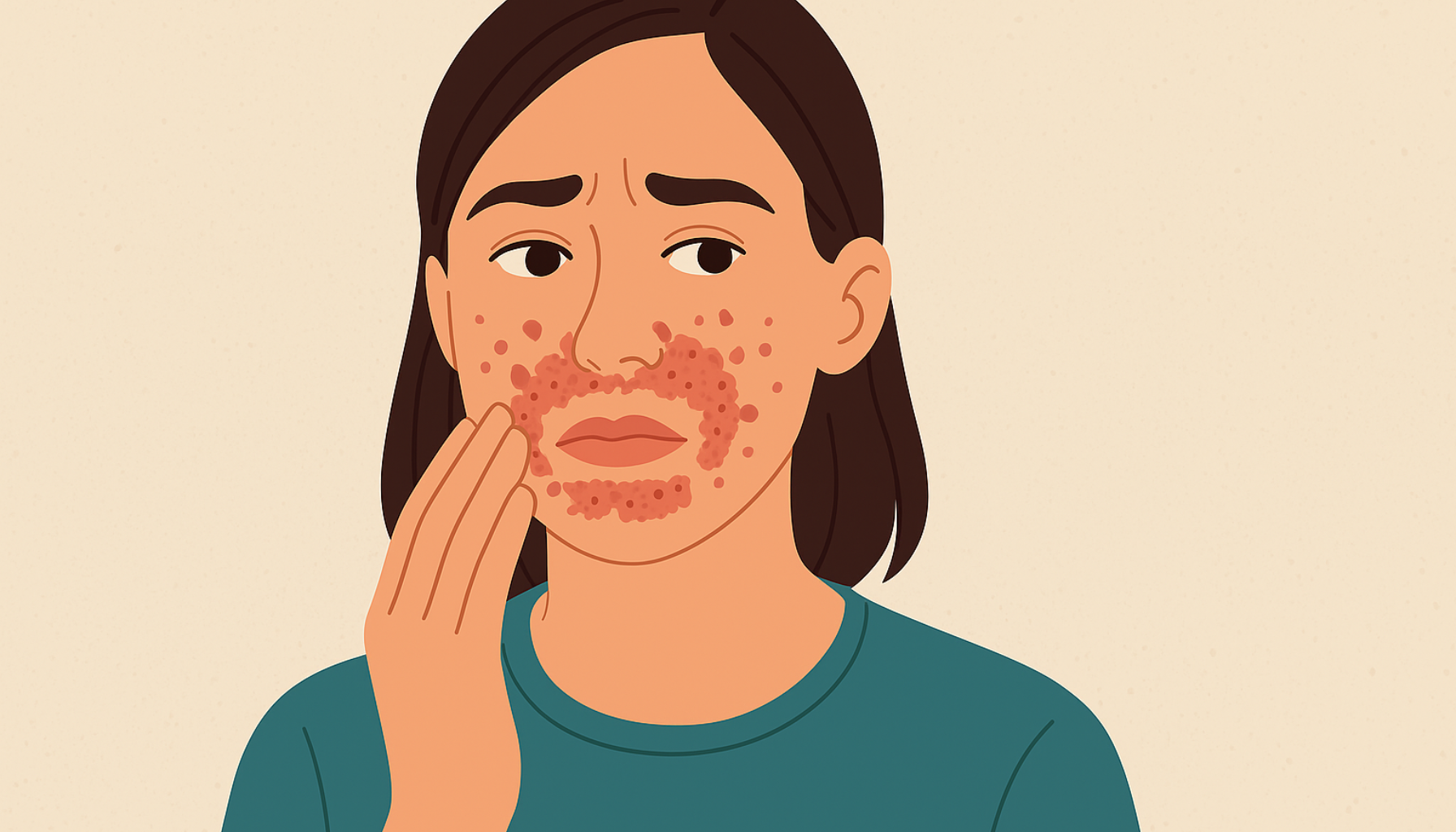 En kvinne ser bekymret ut mens hun forsiktig berører utslett rundt munn og nese, som tydelig viser tegn på perioral dermatitt.