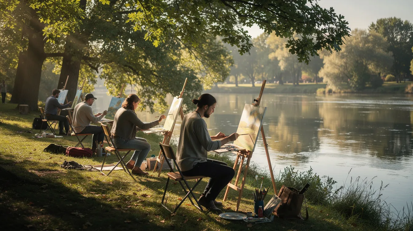 Auf dem Bild sind mehrere Personen zu sehen, die an Staffeleien am Ufer eines Flusses malen, während Sonnenlicht durch die Bäume fällt. Diese Szene vermittelt eine harmonische Verbindung zur Natur und erinnert an den Impressionismus, da die Künstler die Lichtverhältnisse und Farben der Umgebung festhalten.