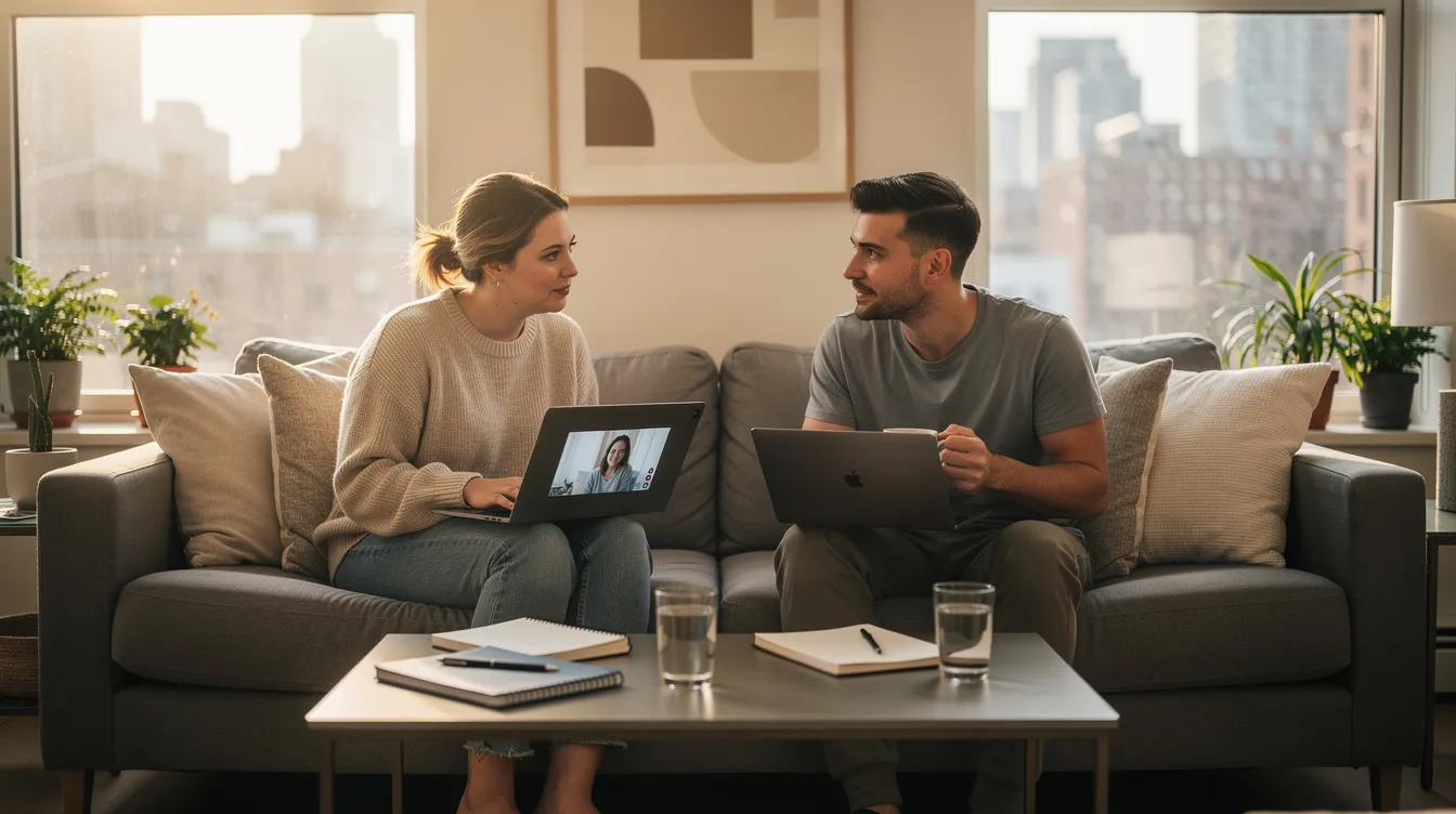 Partners strengthening their relationship from home using laptops for a private virtual session.
