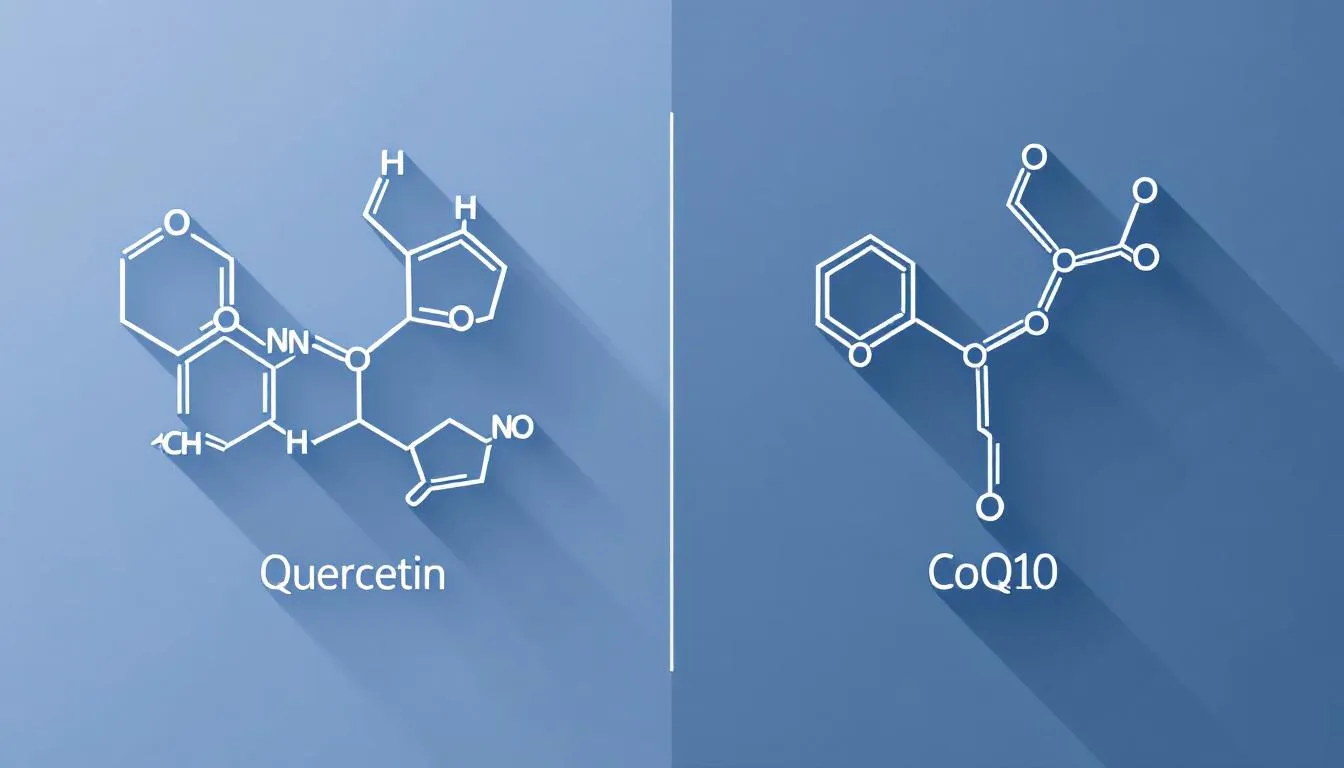 A side-by-side comparison of quercetin and CoQ10 molecular structures, emphasizing their antioxidant properties.