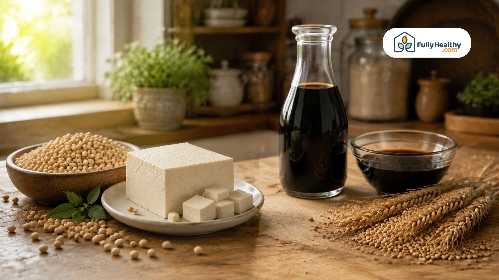 Soybeans tofu soy sauce and wheat displayed on kitchen table