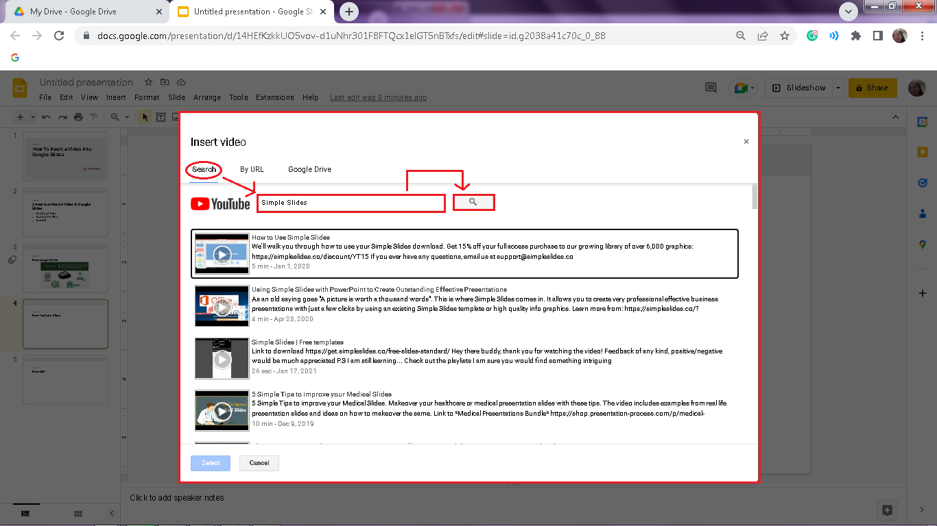  A dialog box for "Insert Video ", navigate "search" tab then input the keyword of the video and press enter 