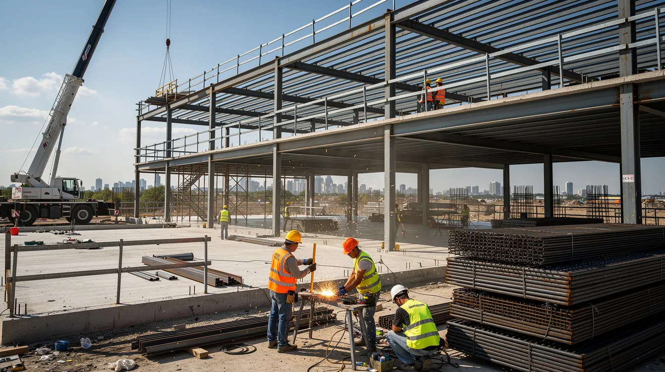 The image depicts an active construction site featuring steel framing, with several workers donning hard hats as they engage in various tasks. This bustling environment highlights the teamwork and safety protocols essential in the construction industry.