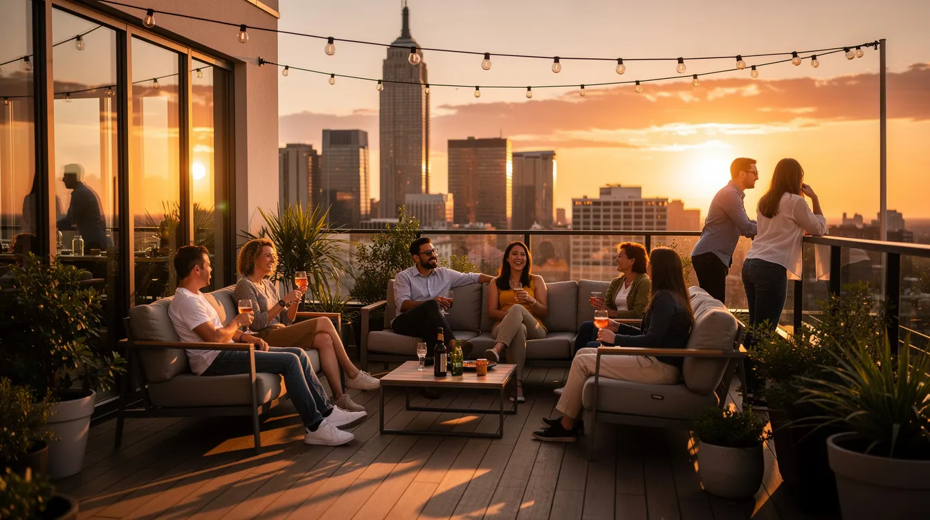 A group of residents are enjoying their time on a rooftop terrace, overlooking a stunning city skyline at sunset, highlighting the communal spaces often found in build to rent developments. This relaxing atmosphere showcases the benefits of affordable private rent homes in urban areas, perfect for young professionals seeking quality rental accommodation.