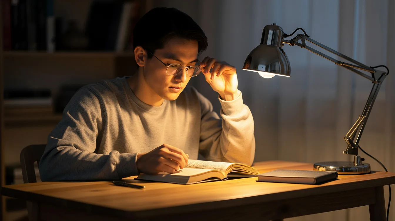 Een persoon leest een boek onder fel licht van een bureaulamp en zet een multifocale bril op om dichtbij scherp te zien. De bril helpt om de kleine letters beter te kunnen lezen en vermoeide ogen te ontlasten.