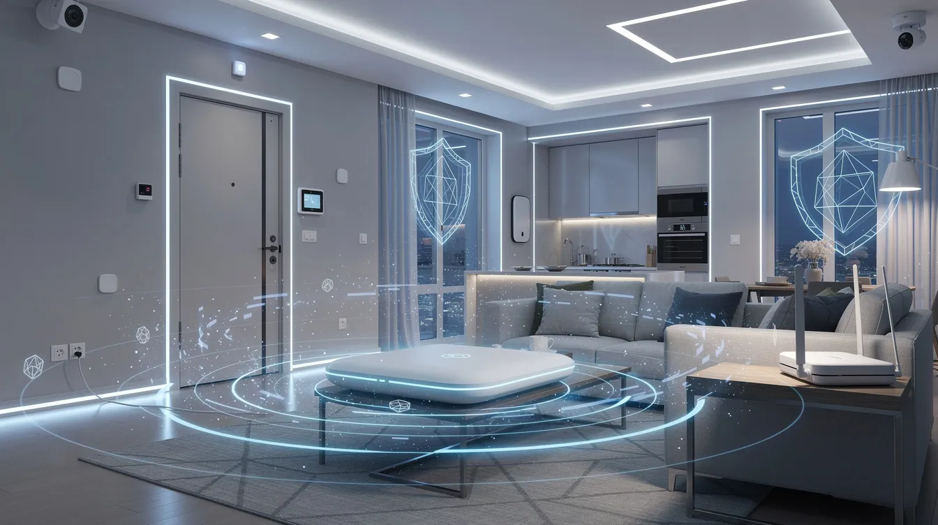 An illustration showing various smart home devices connected through Matter for enhanced security.