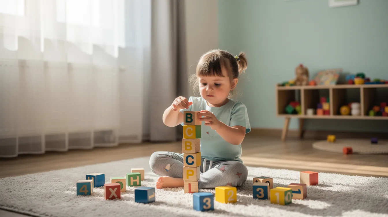 Na obrazku widzimy dziecko bawiące się kolorowymi drewnianymi klockami edukacyjnymi w jasnym pokoju. Zabawki te wspierają kreatywność i rozwój najmłodszych, a ich różnorodność sprawia, że są doskonałym wyborem w ofercie gadżetów dla dzieci.