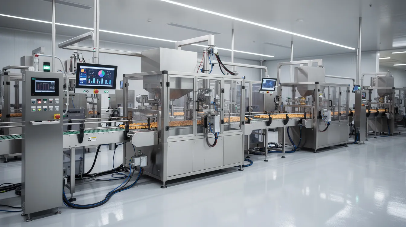 1951a633 0dcf 4db6 ac16 f524c78eea82 The image showcases modern automated food processing machinery, featuring sleek stainless steel components and advanced digital control panels, designed for efficient pulse processing in the dal mill business. This technology enhances operational efficiency and reduces processing costs, catering to the rising demand for processed pulses in the market.