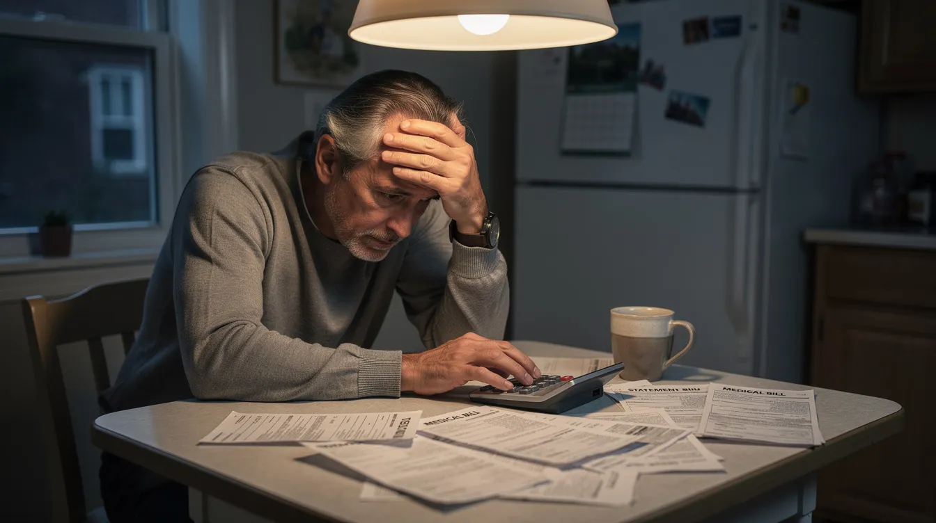 A person sits at a kitchen table surrounded by medical bills and a calculator, looking stressed as they calculate their expenses. The scene reflects the financial burden many face, highlighting the need for options like 小額 貸款 or 低 息 loans to manage unexpected costs.