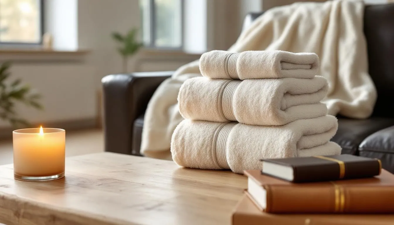 A cozy scene featuring a stack of luxury bath towels beside a glowing scented candle, with a soft throw blanket draped over a sofa and a book nearby, creating a calm and inviting ambiance perfect for a thoughtful wedding gift idea. This arrangement evokes a sense of relaxation and comfort, ideal for newlyweds to enjoy in their home.