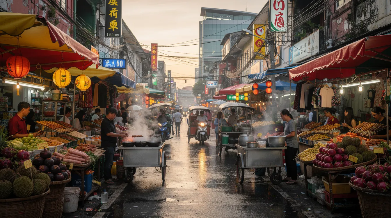 A vibrant street market in a South East Asian city bustles with vendors selling colorful goods and shoppers exploring the stalls. The scene captures the lively atmosphere of local life, where visitors can enjoy delicious food, find unique items, and immerse themselves in the culture of this foreign country.