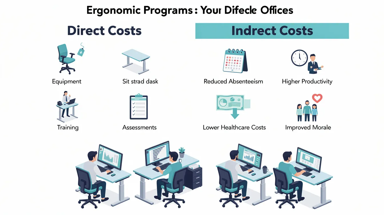 The image illustrates the concept of direct and indirect costs associated with ergonomic programs, highlighting key factors such as initial investment, injury costs, and potential savings from reduced workers compensation. It emphasizes the importance of cost benefit analysis and the benefit cost ratio measures in justifying the effectiveness of ergonomic interventions in improving workplace safety and productivity.