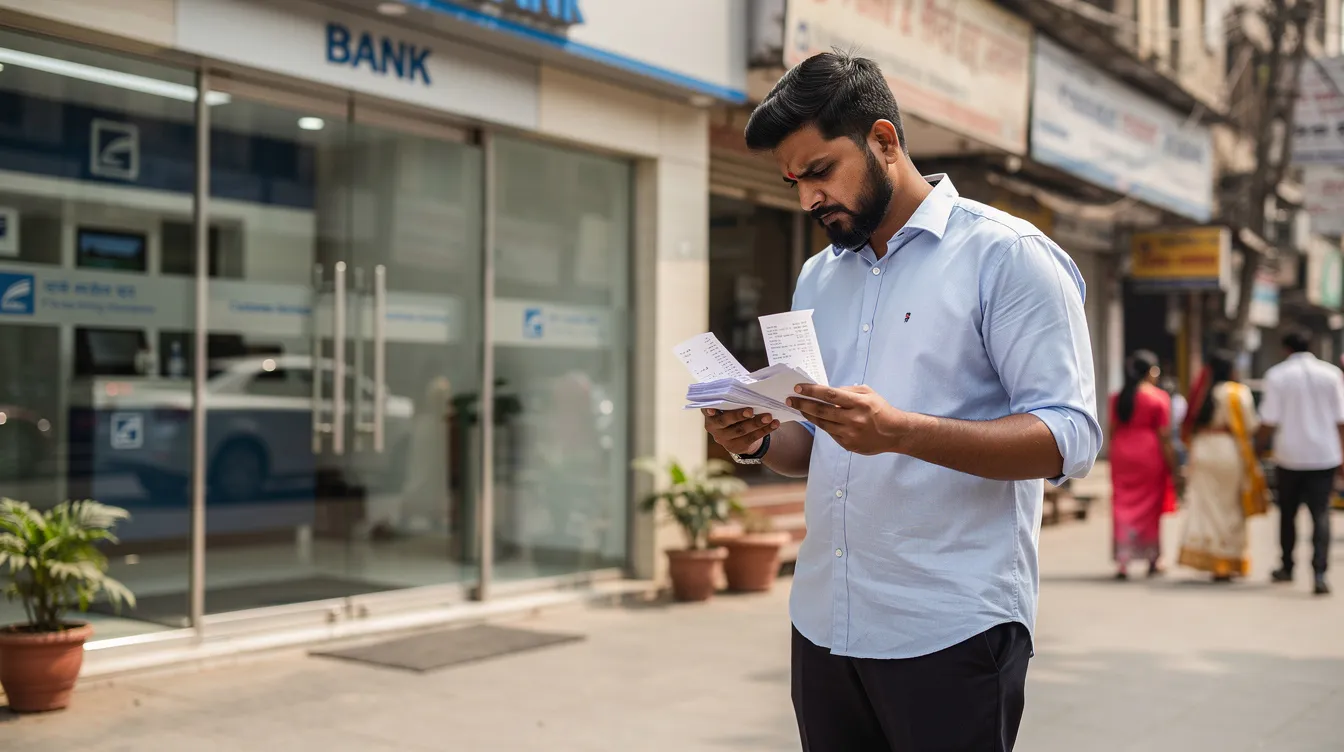 A small business owner stands outside a bank branch in India, reviewing their paperwork, which may include a mudra loan application form and other required documents for financial assistance. The owner appears focused, possibly considering the eligibility criteria and business plan needed to secure a loan for their small business.