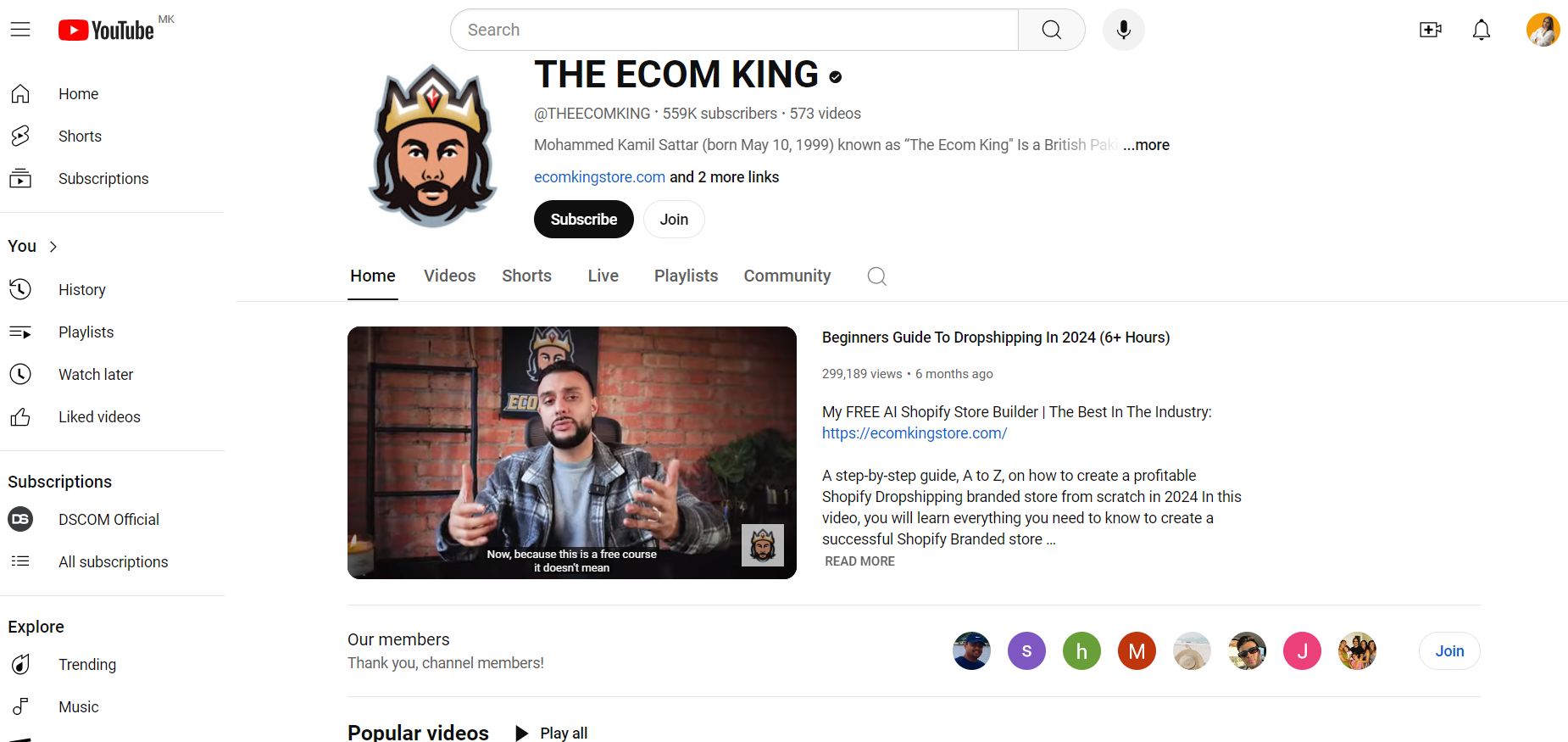 THE ECOM KING’s YouTube course. This course offers over 6 hours of detailed content, covering everything needed to start and run a successful Shopify dropshipping business.   From setting up your Shopify store to automating order fulfillment and running effective ads on social media, this course leaves no stone unturned.