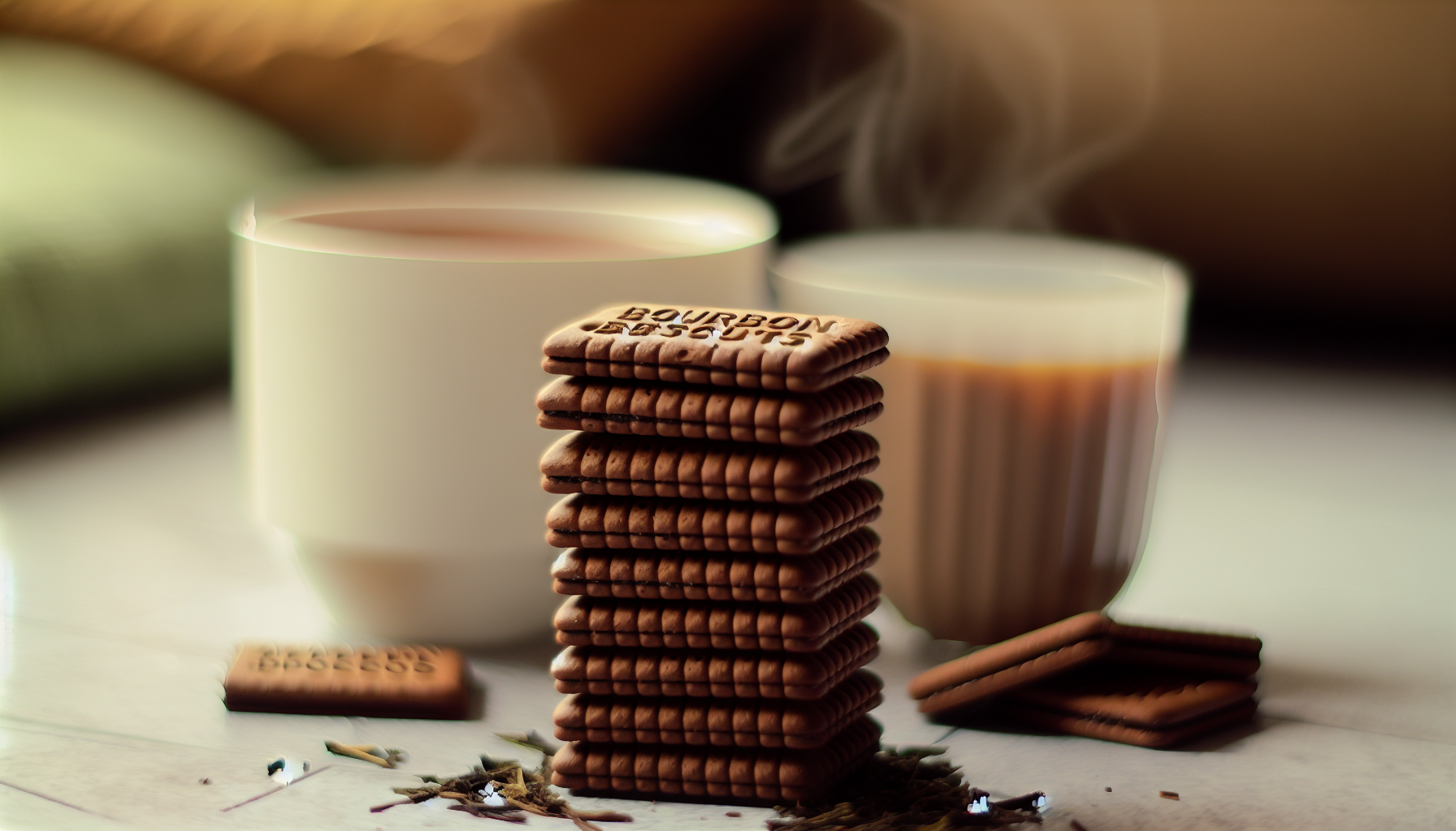 Stack of bourbon biscuits with a cup of tea