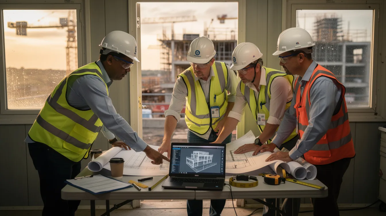 A construction team is gathered in a portable office on a jobsite, collaboratively reviewing documents and digital plans to ensure the success of their construction projects. This engaging environment highlights the importance of effective communication and leadership in developing the future workforce within the construction industry.