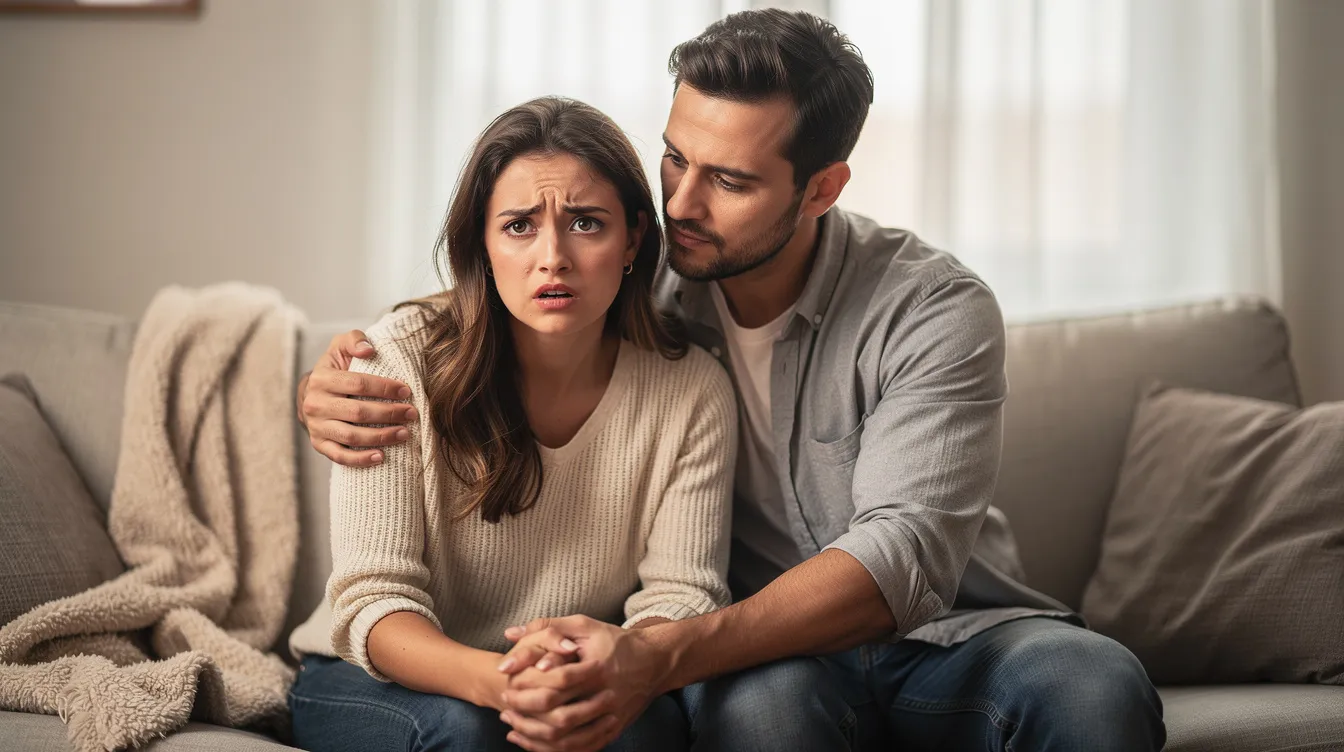 The image depicts a supportive partner comforting a woman who is experiencing anxiety, illustrating the challenges of managing anxiety within romantic relationships. Their interaction emphasizes the importance of honest communication and emotional well-being, as one partner navigates feelings of anxiety that can negatively impact their relationship.
