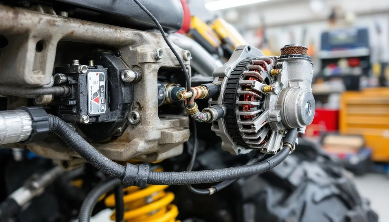 The image depicts a Powersports vehicle's charging system, showcasing various components such as the motorcycle battery, battery terminals, and a trickle charger. This setup is essential for maintaining the motorcycle's electrical system and ensuring the battery remains fully charged to prevent issues like a dead motorcycle battery.