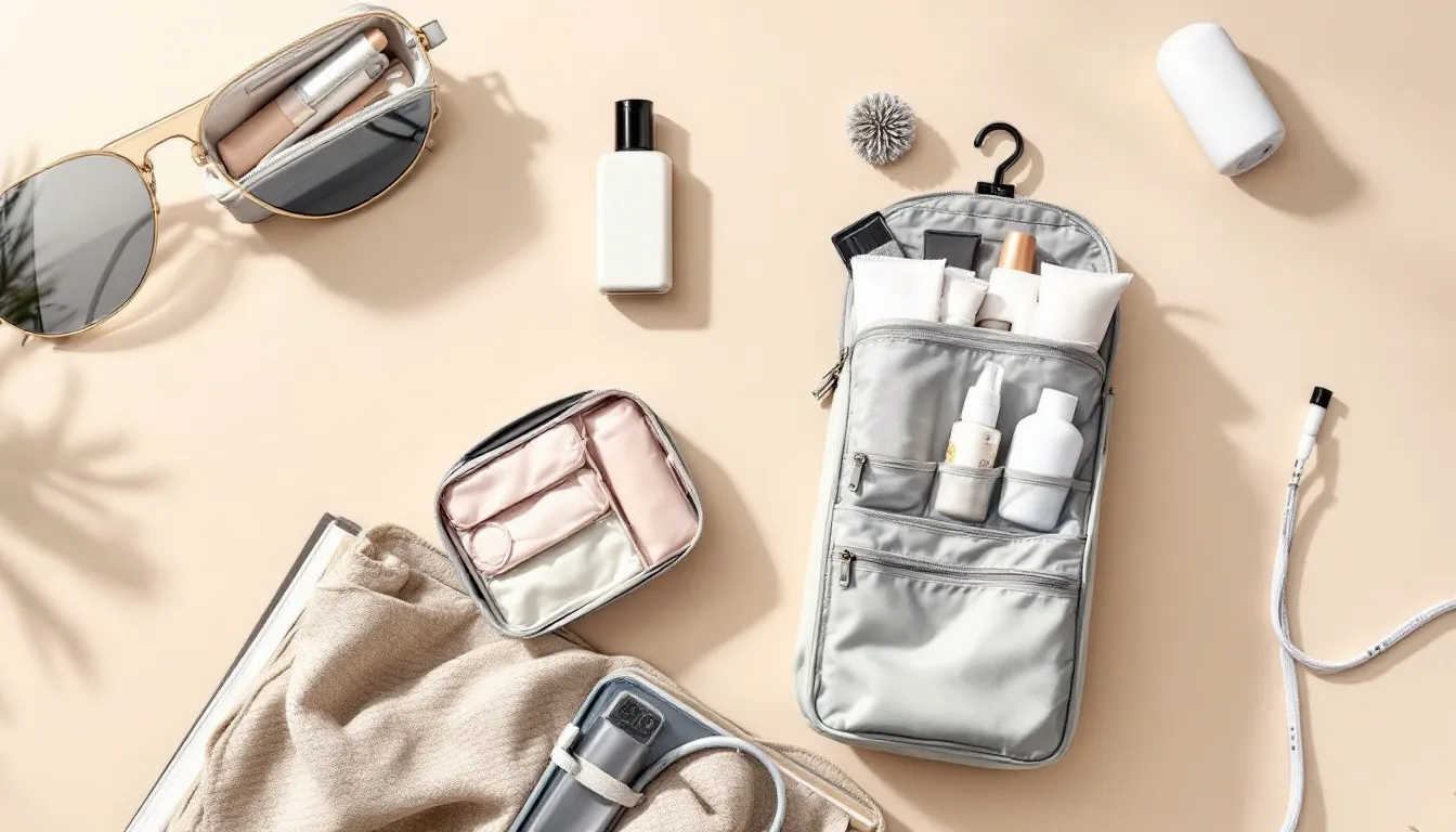 Practical travel accessories like a travel jewelry case and a hanging toiletry bag.