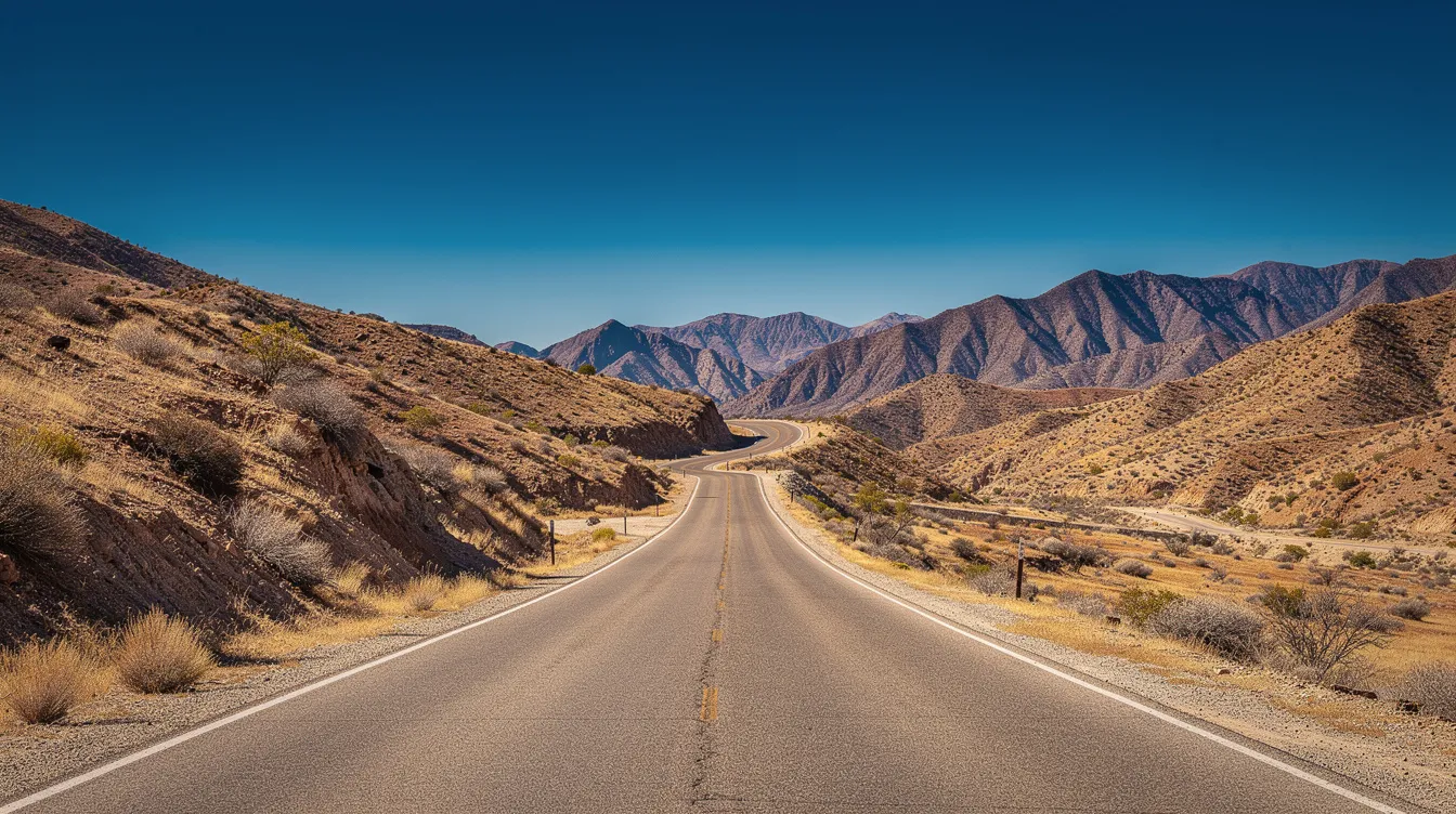 Una carretera asfaltada con curvas entre colinas secas bajo un cielo azul.