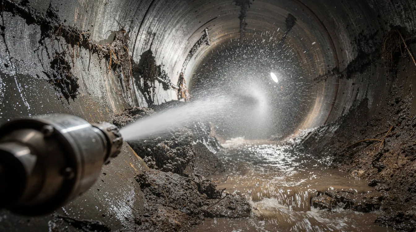 A high-pressure water jet is actively clearing stubborn debris from the inside of a sewer pipe, demonstrating the effectiveness of professional drain cleaning services. This advanced technique helps restore proper flow in plumbing systems, preventing costly repairs for Tacoma homeowners dealing with clogged drains.
