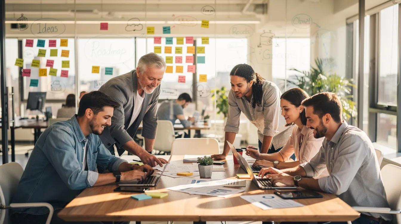 Une équipe diversifiée collabore autour d'une grande table dans un espace de bureau moderne et ouvert, avec des notes autocollantes sur les murs en verre, illustrant l'importance des méthodes agiles et de la communication pour la gestion de projet au sein d'une entreprise agile. Cette scène met en avant l'échange d'idées et l'adaptabilité, essentielles pour le développement logiciel et la réussite des projets.
