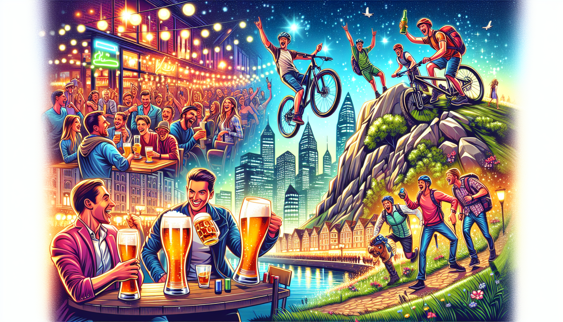 En livlig illustration af en gruppe venner, der nyder en herretur og viser forskellige aktiviteter.