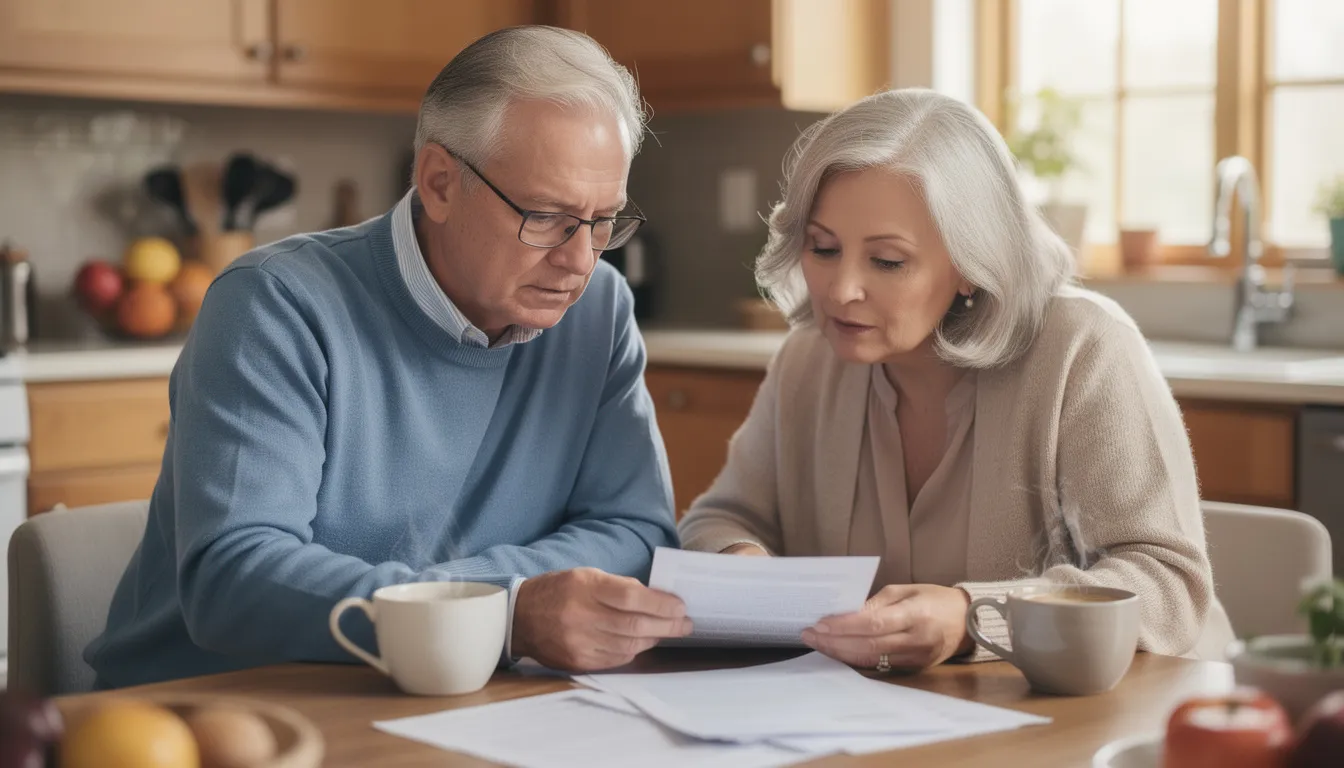 An older couple sits together at a kitchen table, reviewing documents related to their retirement plans while enjoying coffee. The scene reflects their commitment to secure their retirement savings through careful consideration of their individual retirement accounts and investment options.