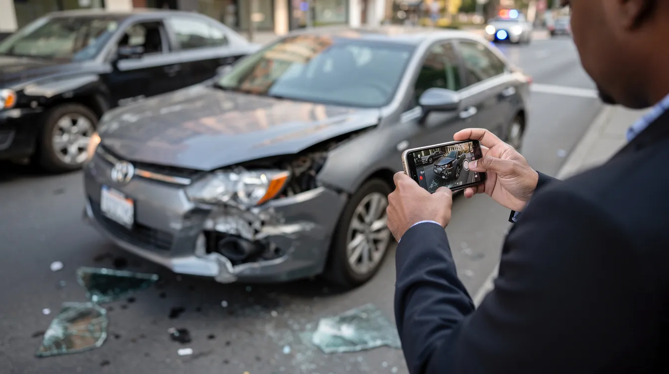 The image shows a person crouching at a car crash scene, using a smartphone camera to document visible vehicle damage. This scene highlights the aftermath of a car accident, which can lead to serious injuries such as broken bones or traumatic brain injury.