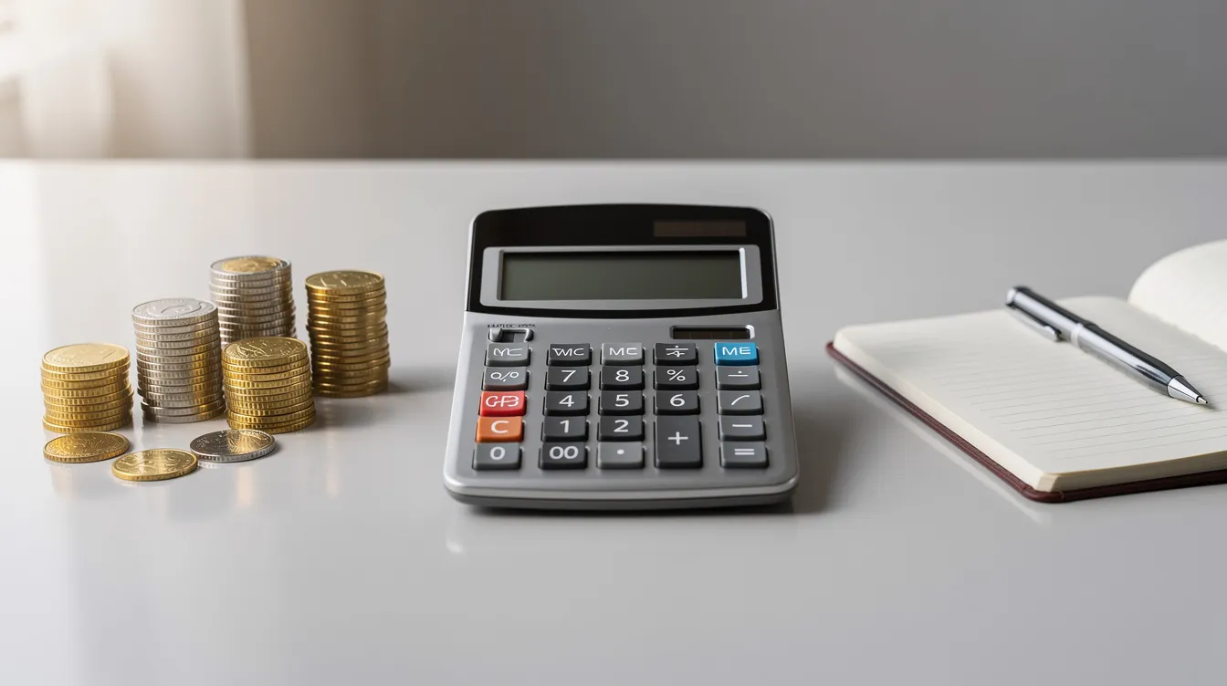 The image shows a calculator next to stacks of coins and a small notebook on a clean desk, suggesting a focus on financial calculations and planning, possibly related to loan products and monthly repayments.