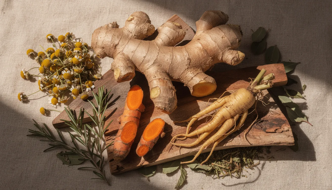 The image features fresh ginger root, vibrant turmeric, and ginseng, all thoughtfully arranged alongside dried herbs on a natural background, highlighting the importance of these herbal supplements in complementary and integrative health. This composition emphasizes the potential health benefits of these botanicals as part of a holistic approach to wellness.