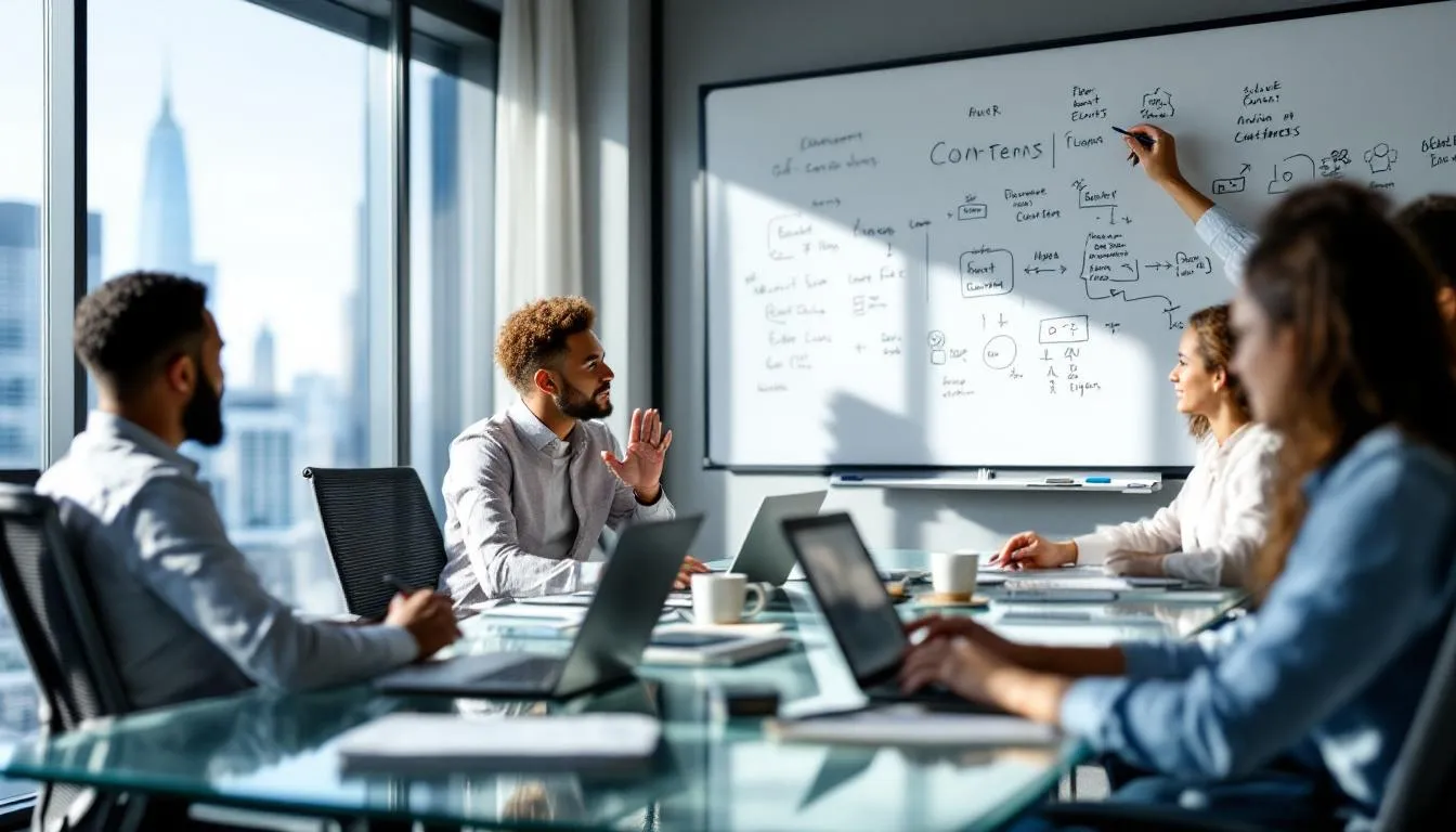 In a modern conference room, a diverse team collaborates on content creation, utilizing AI productivity tools and generative AI to enhance their project management efforts. They engage in real-time discussions, leveraging AI features to streamline their workflow and efficiently tackle important tasks related to social media and content generation.