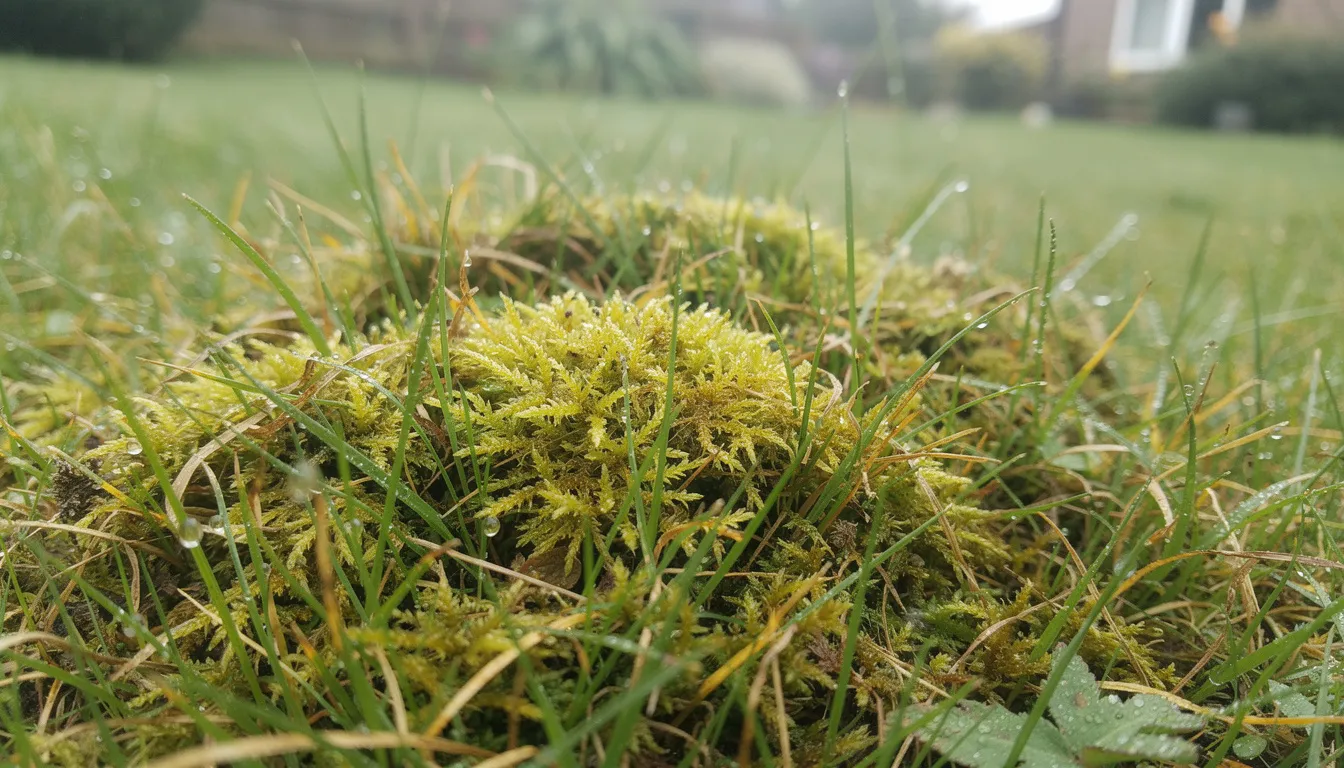 A close-up image shows vibrant green moss thriving between blades of grass on a UK lawn, highlighting the need for effective lawn care products like moss treatment and lawn fertiliser to promote healthier, greener grass. The lush moss indicates a moist environment that could benefit from proper lawn feed and care, especially during early spring.