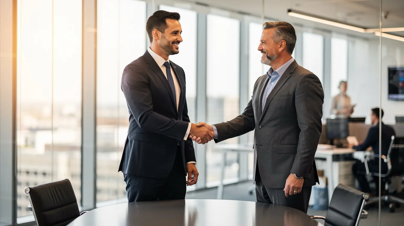 The image depicts a professional handshake between two business people in an office setting, symbolizing collaboration and trust. This moment highlights the importance of key person insurance, which provides financial security for businesses by protecting against the loss of valuable employees due to unexpected disabilities or other events.