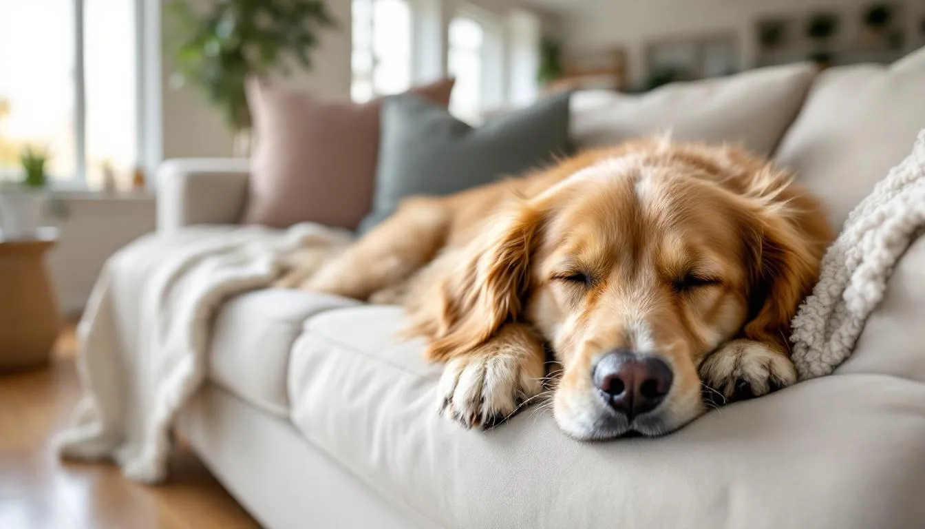 A relaxed dog is lying comfortably in a cozy home setting, embodying tranquility and contentment. This peaceful scene highlights the importance of a safe environment for dogs, particularly those affected by von Willebrand disease, a common inherited bleeding disorder that can lead to prolonged bleeding and complications.
