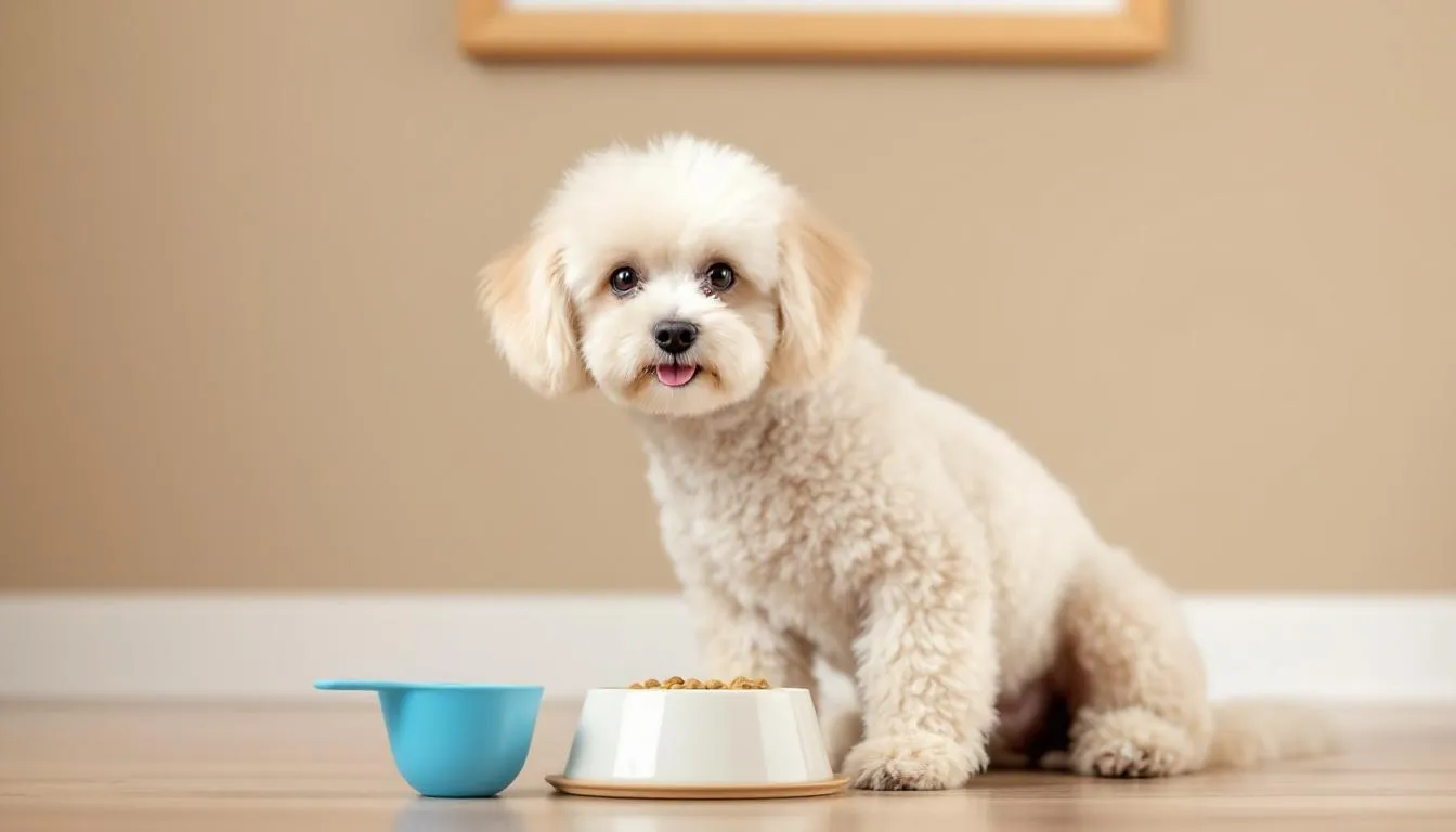 A toy poodle is happily eating from a small food bowl, with a measuring cup placed nearby, emphasizing the importance of a healthy diet for toy poodle puppies. The dog