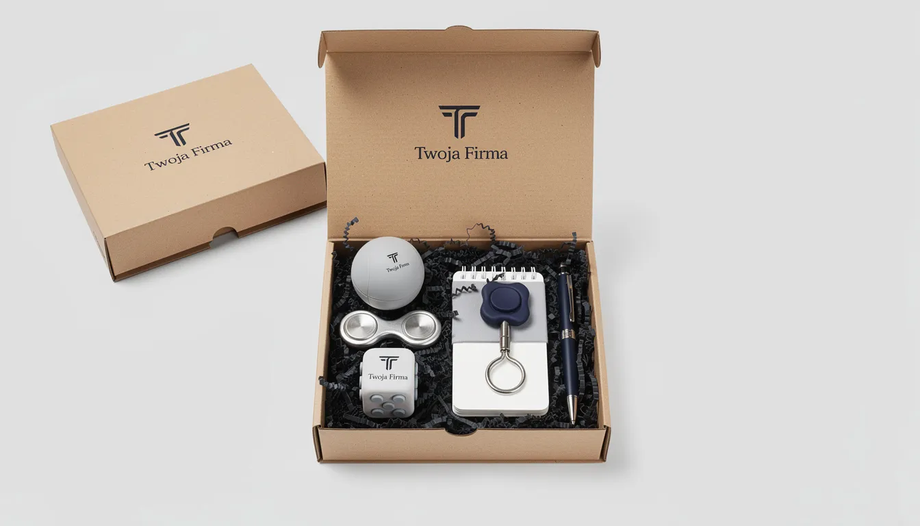 Na obrazku znajduje się eleganckie pudełko prezentowe wypełnione zestawem gadżetów antystresowych, takich jak piłeczki do ściskania i manipulacyjne kule, z widocznym logo firmy, które stanowi doskonały prezent dla dorosłych i dzieci, pomagający w radzeniu sobie ze stresem.