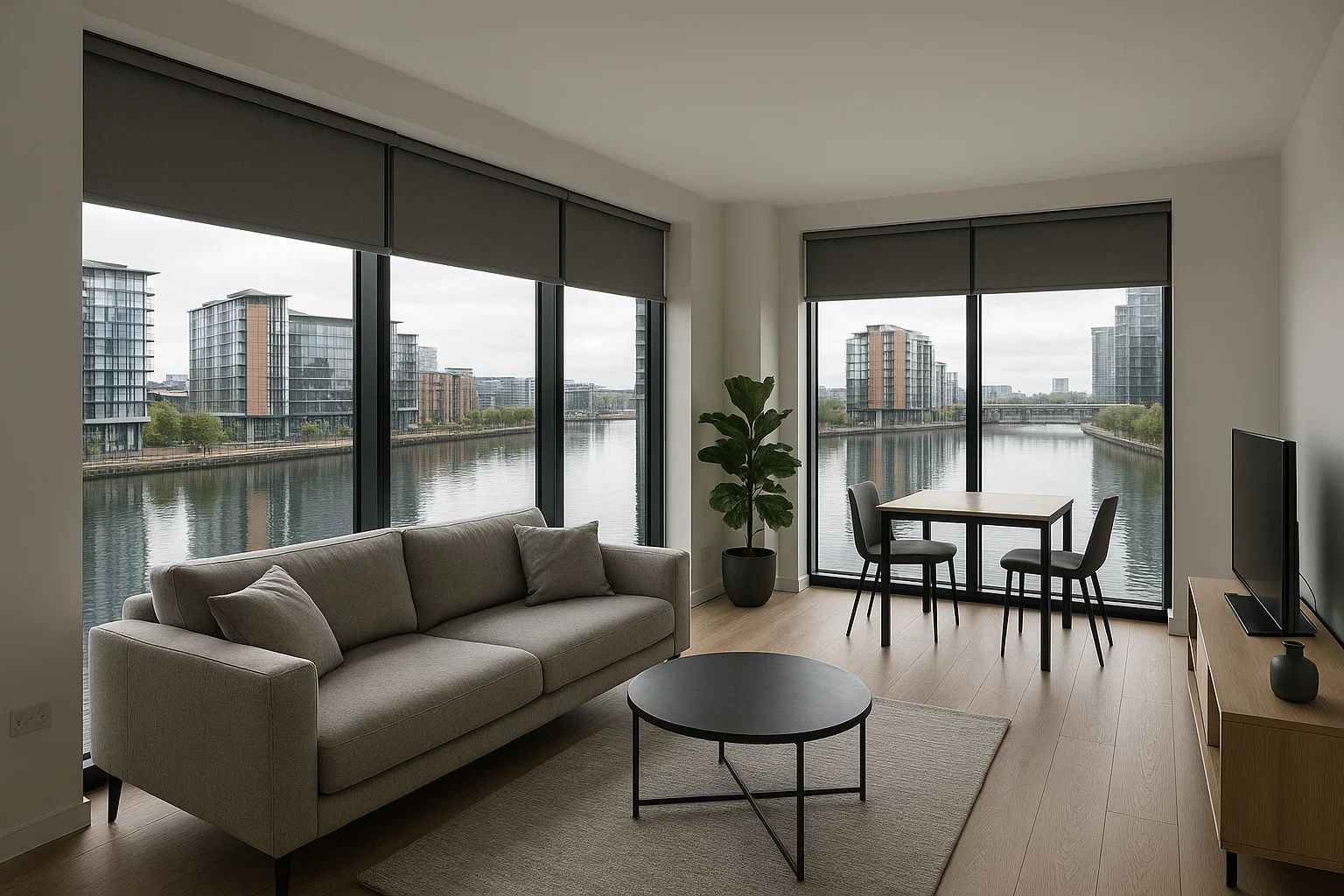 Roller blinds in a modern Manchester apartment.