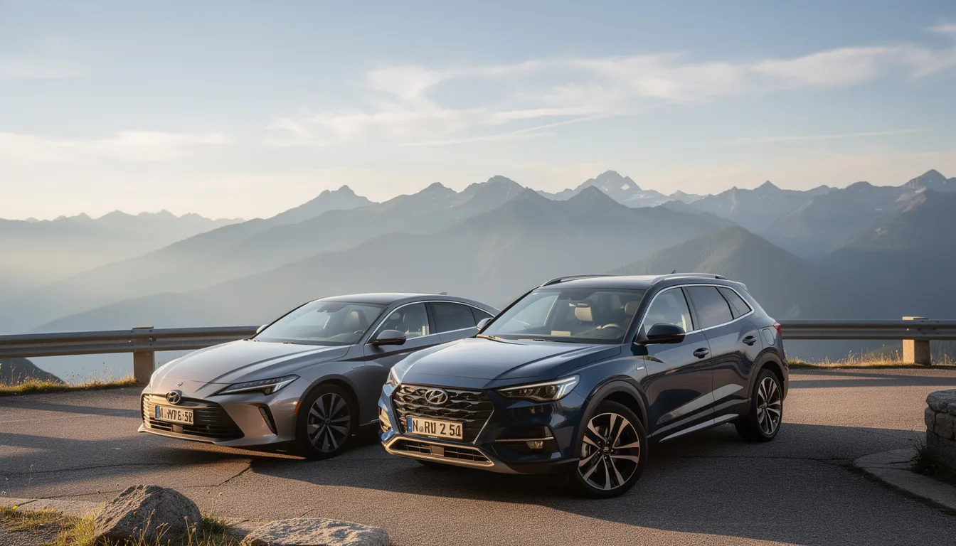 A sedan and an SUV are parked side by side at a scenic overlook, with majestic mountains in the background, providing a perfect spot for travelers planning a road trip. This image highlights the versatility of rental cars, showcasing how both vehicles can accommodate different needs, whether for family adventures or tight spaces in the city.