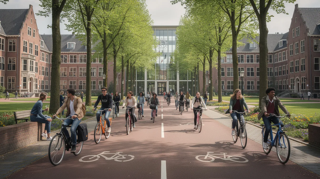 The image depicts a vibrant Dutch university campus featuring red brick buildings, with students cycling along tree-lined paths, showcasing an active student life. This scene reflects the welcoming atmosphere of universities in the Netherlands, which offer affordable tuition fees and high-quality education for both domestic and international students.